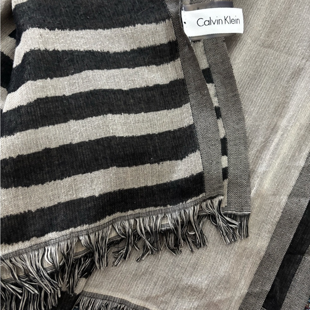 Calvin Klein Black & Cream Striped Fringe Scarf